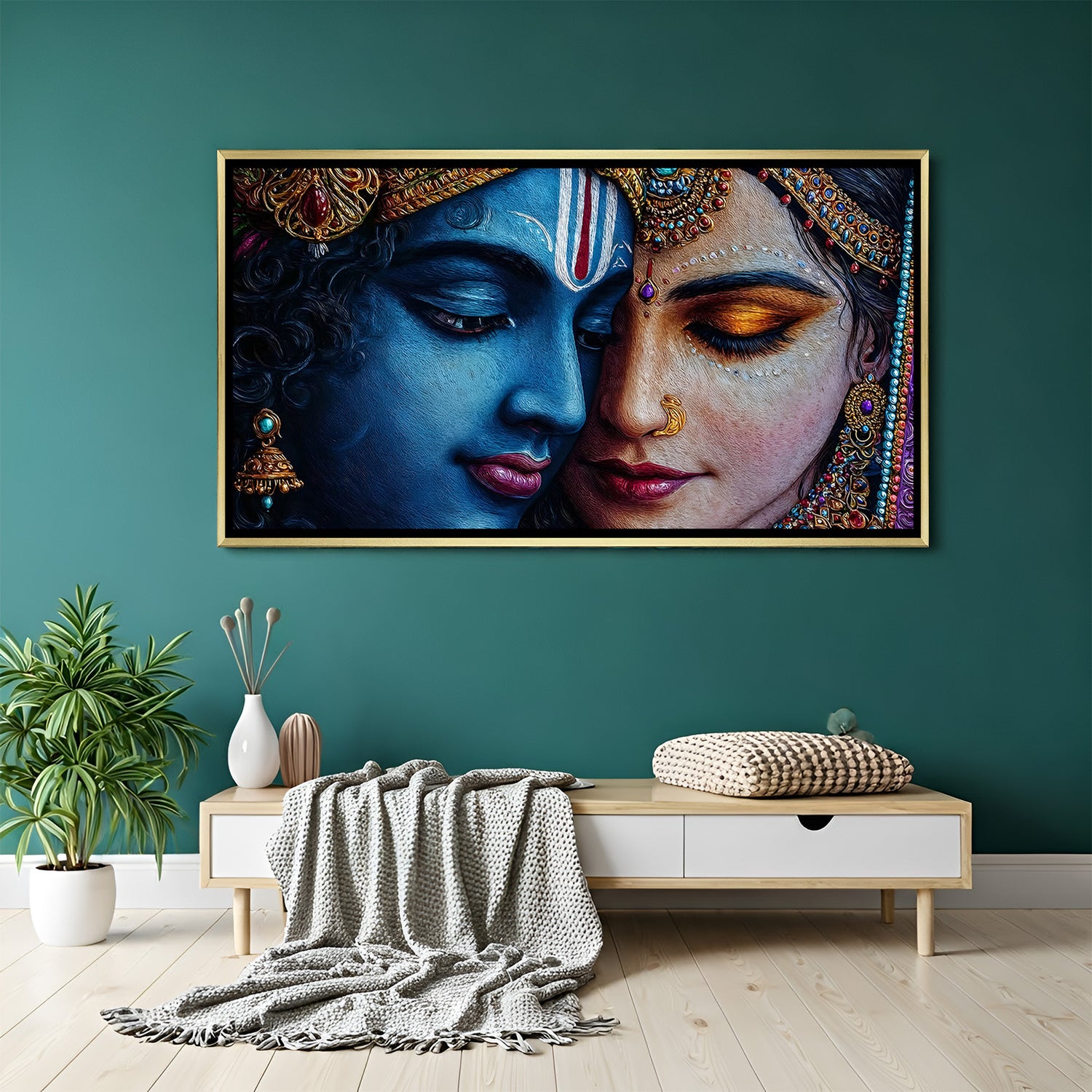 Moonlit Ras Leela Radha Krishna artwork in luxury golden floater frame featuring divine couple