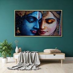 Moonlit Ras Leela Radha Krishna artwork in luxury golden floater frame featuring divine couple