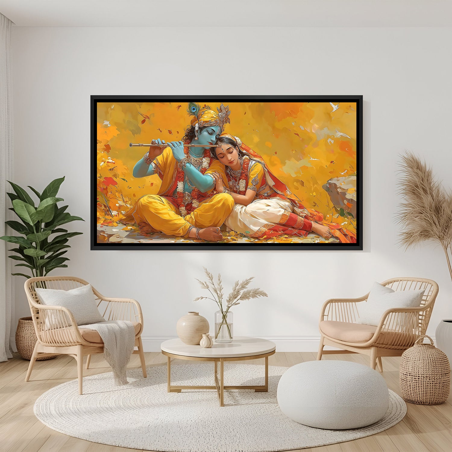 Radha Krishna devotional wall painting in sophisticated black floater frame for modern interiors