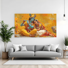 Radha Krishna canvas wall art in premium canvas wrapped frame featuring divine moonlit spiritual artwork