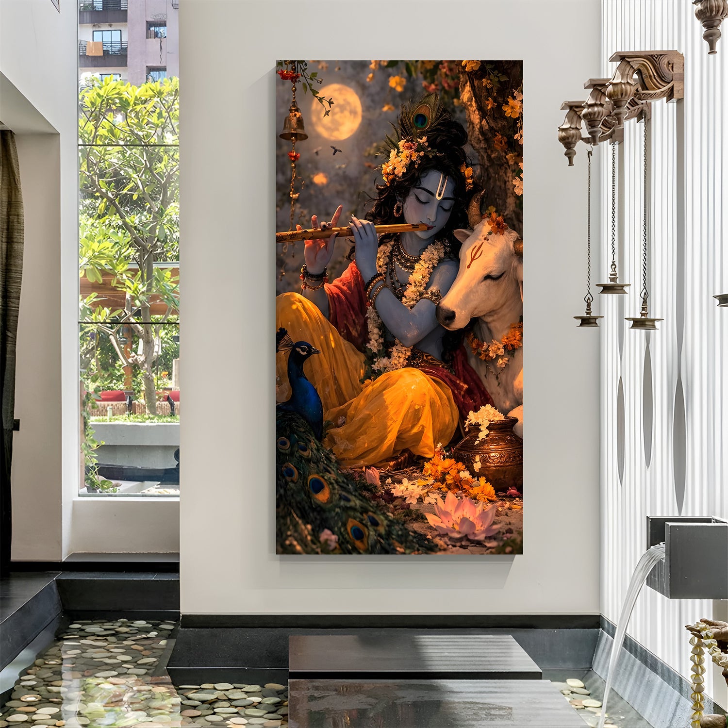 Lord Krishna closed eyes playing flute with white cow and moon background canvas wall art in canvas wrapped frame