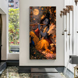 Lord Krishna closed eyes playing flute with white cow and moon background canvas wall art in canvas wrapped frame