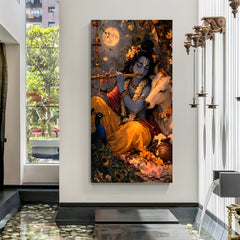 Lord Krishna closed eyes playing flute with white cow and moon background canvas wall art in canvas wrapped frame