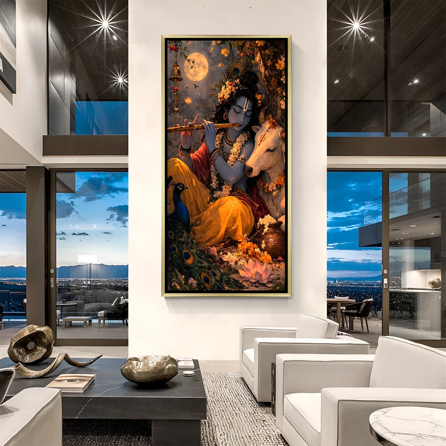 Divine Lord Krishna moonlit flute artwork with white cow in luxurious golden floater frame spiritual canvas