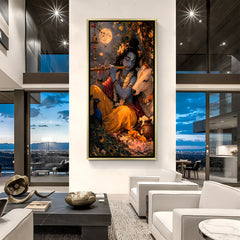 Divine Lord Krishna moonlit flute artwork with white cow in luxurious golden floater frame spiritual canvas