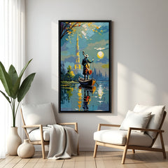 Modern vertical music canal painting in black floater frame with moonlit skyline and reflective water scene.