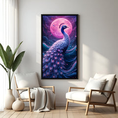 Elegant peacock artwork with glowing pink moon backdrop in sophisticated black floater frame
