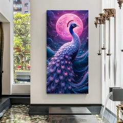 Royal peacock standing before a pink moon with soft pink feathers in premium canvas wrapped frame