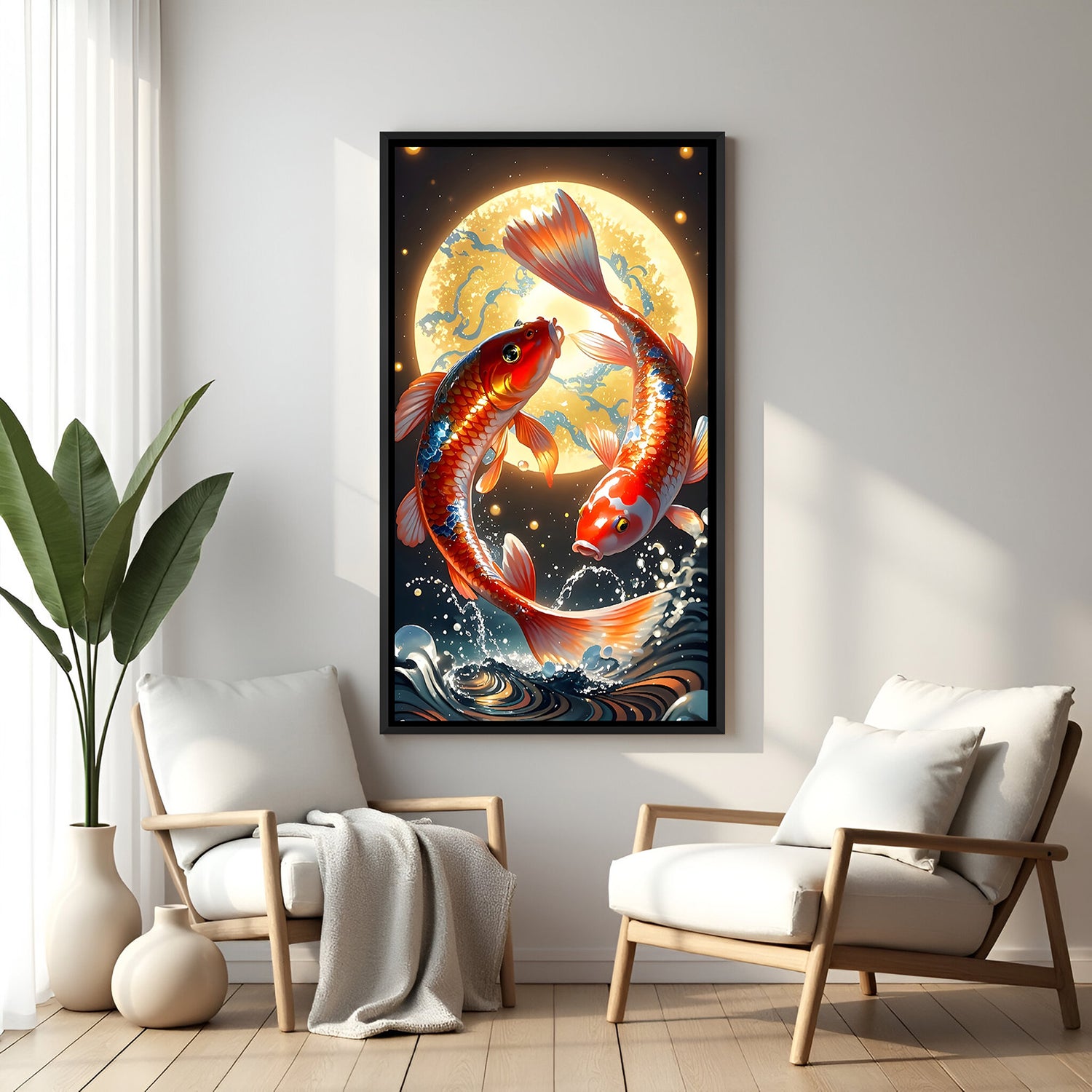 Twin koi fish wall artwork with radiant full moon backdrop in elegant black floater frame