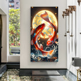 Two vibrant koi fish swirling beneath a glowing full moon in premium canvas wrapped frame