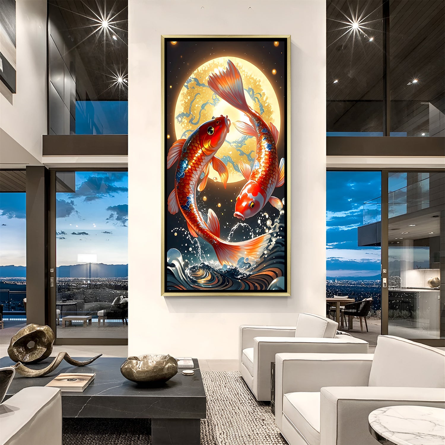 Moonwheel Serenity Twin Koi artwork in luxury golden floater frame featuring colorful fish and a glowing full moon