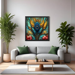 Black frame mor pankh canvas painting – Vastu peacock feather wall art for peaceful home interiors