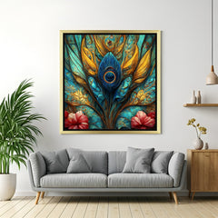 Golden frame peacock feather canvas painting – mor pankh Vastu wall art for positive energy and spiritual decor