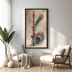 Krishna-inspired flute and peacock feather wall art in elegant black floater frame