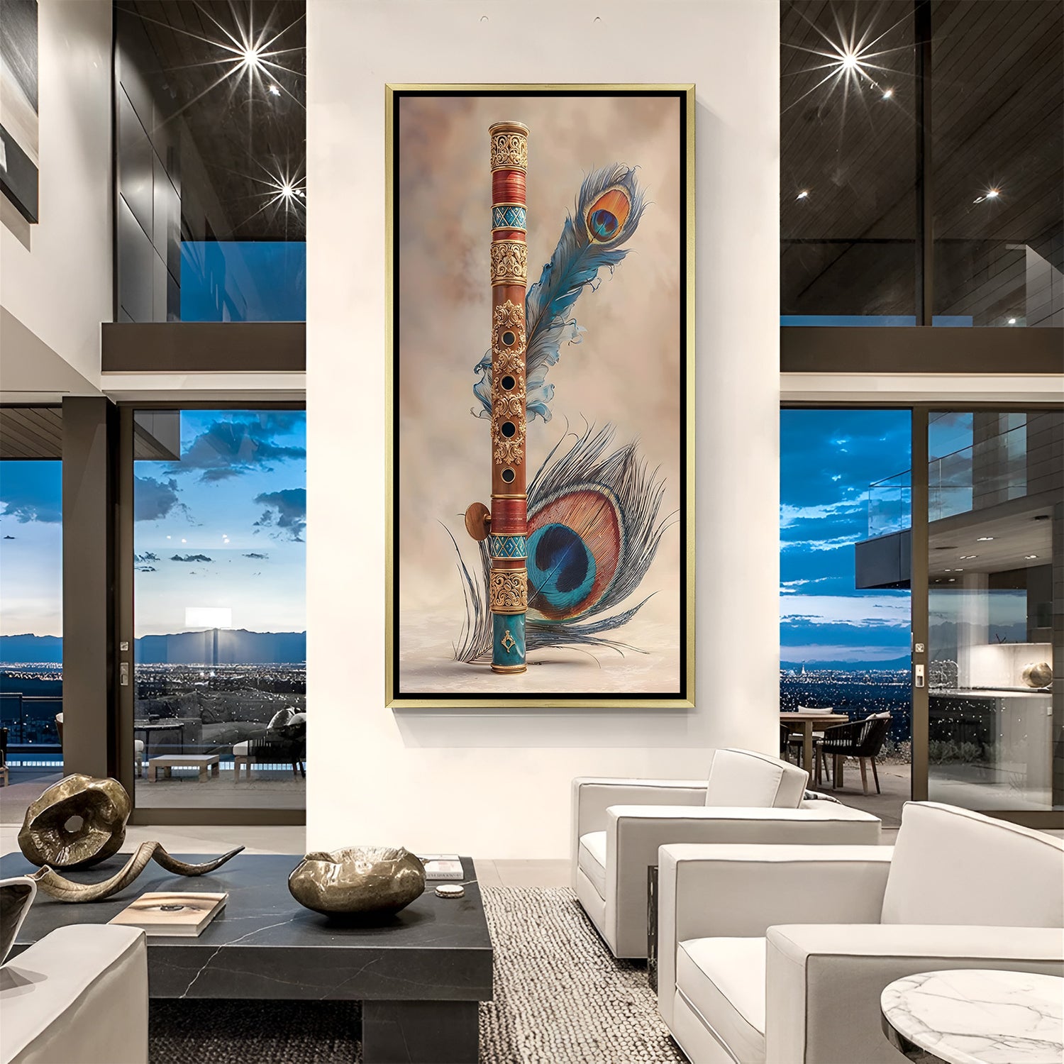 Sacred bansuri and morpankh canvas painting in luxurious golden floater frame