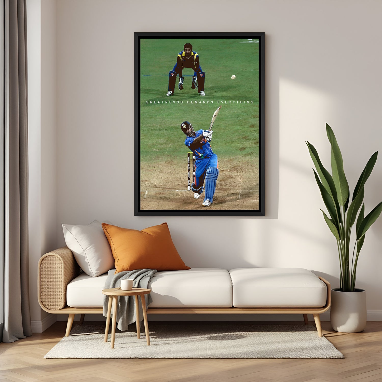 Iconic Dhoni six moment captured in wall art with inspirational quote – cricket-themed canvas for motivation and ambition.