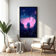 Bold astronaut artwork in fantasy universe with glowing details and empowering quote – framed canvas print for inspiring wall decor lovers.
