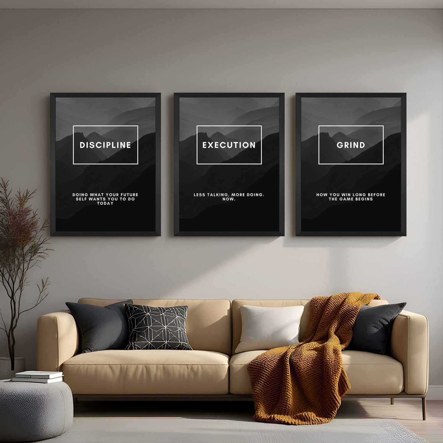 Motivational canvas wall art trio featuring the words Discipline, Execution, and Grind with bold definitions – perfect for modern office or gym interiors