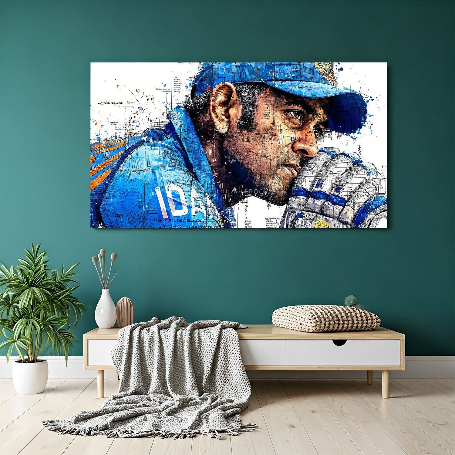 MS Dhoni cricket motivation canvas wall art holding bat and helmet looking at sky inspirational sports artwork