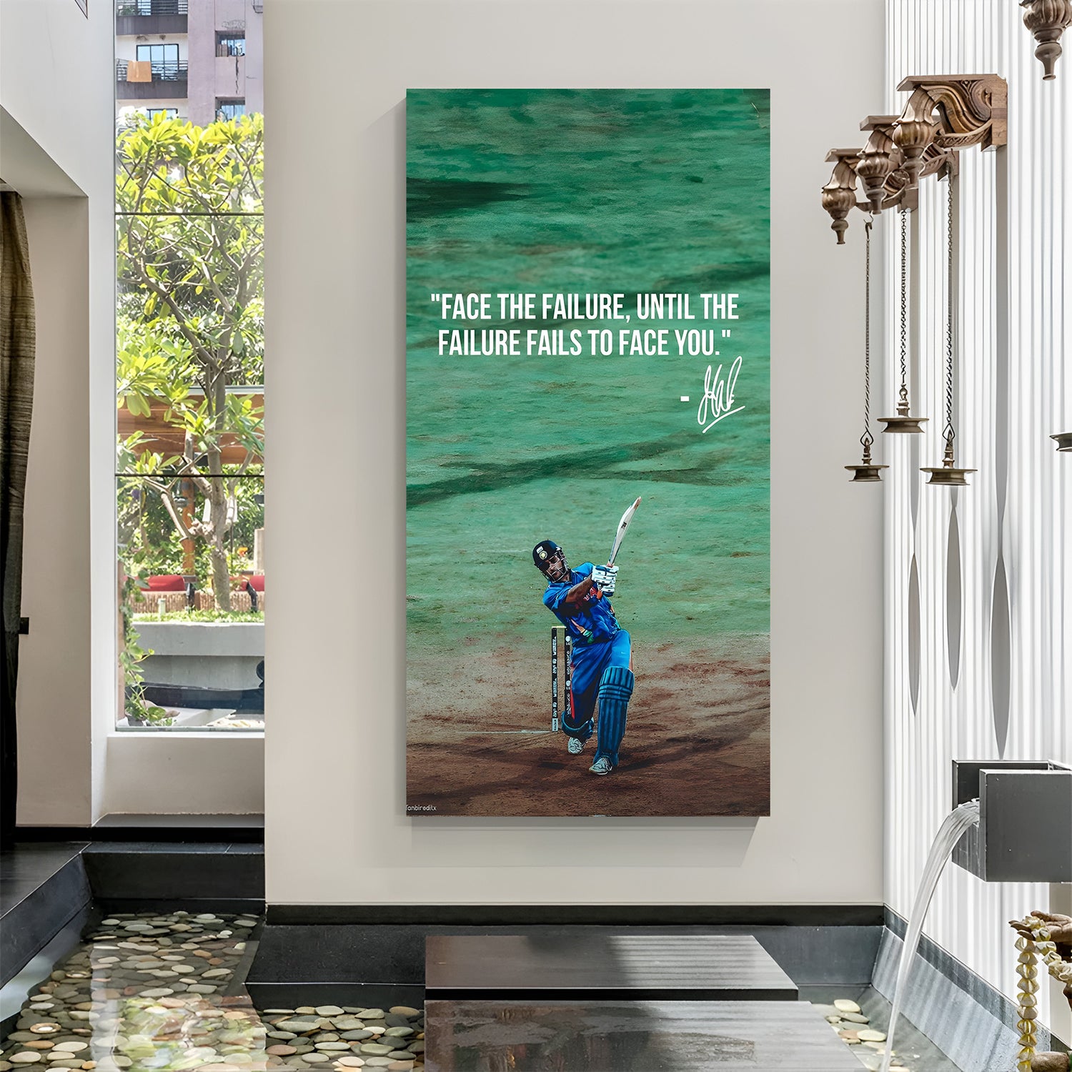 MS Dhoni cricket motivation canvas wall art hitting shot face failure quote inspirational sports decor