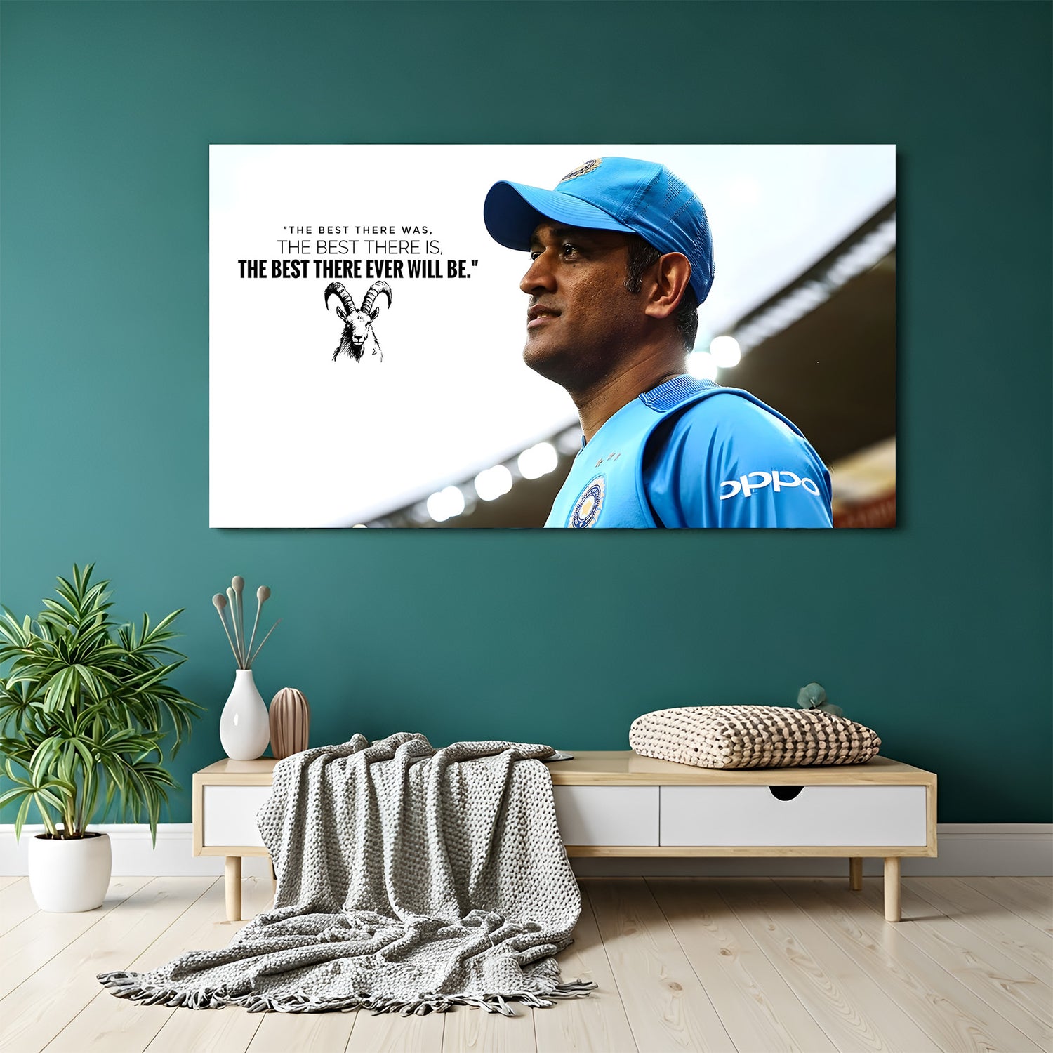 MS Dhoni GOAT cricket motivation canvas wall art holding bat and helmet looking at sky inspirational sports artwork