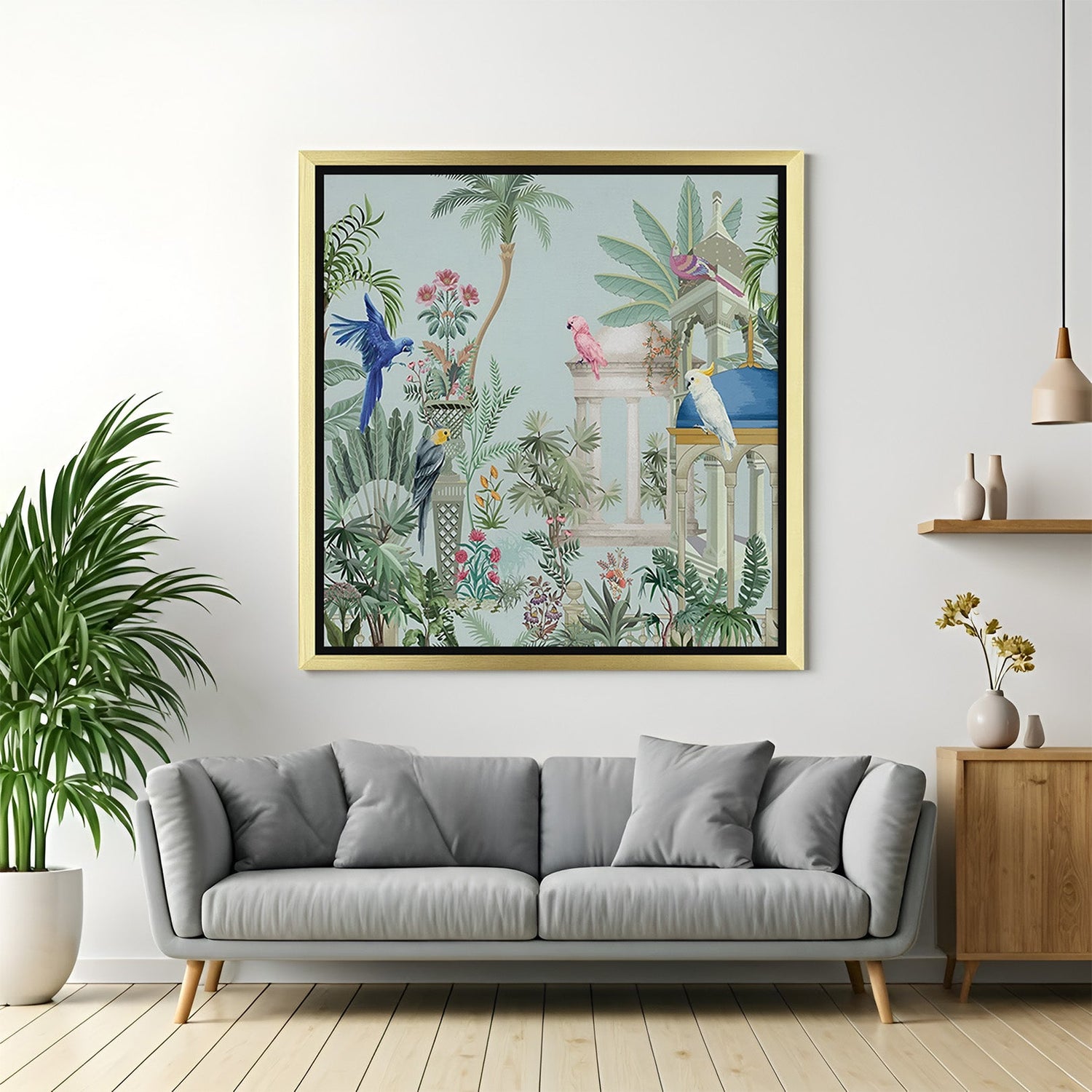 Golden frame canvas painting of Mughal garden arch – regal Indian wall art for royal and traditional room decoration