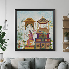 Mughal Indian traditional painting in black floater frame ideal for vintage ethnic interior styling