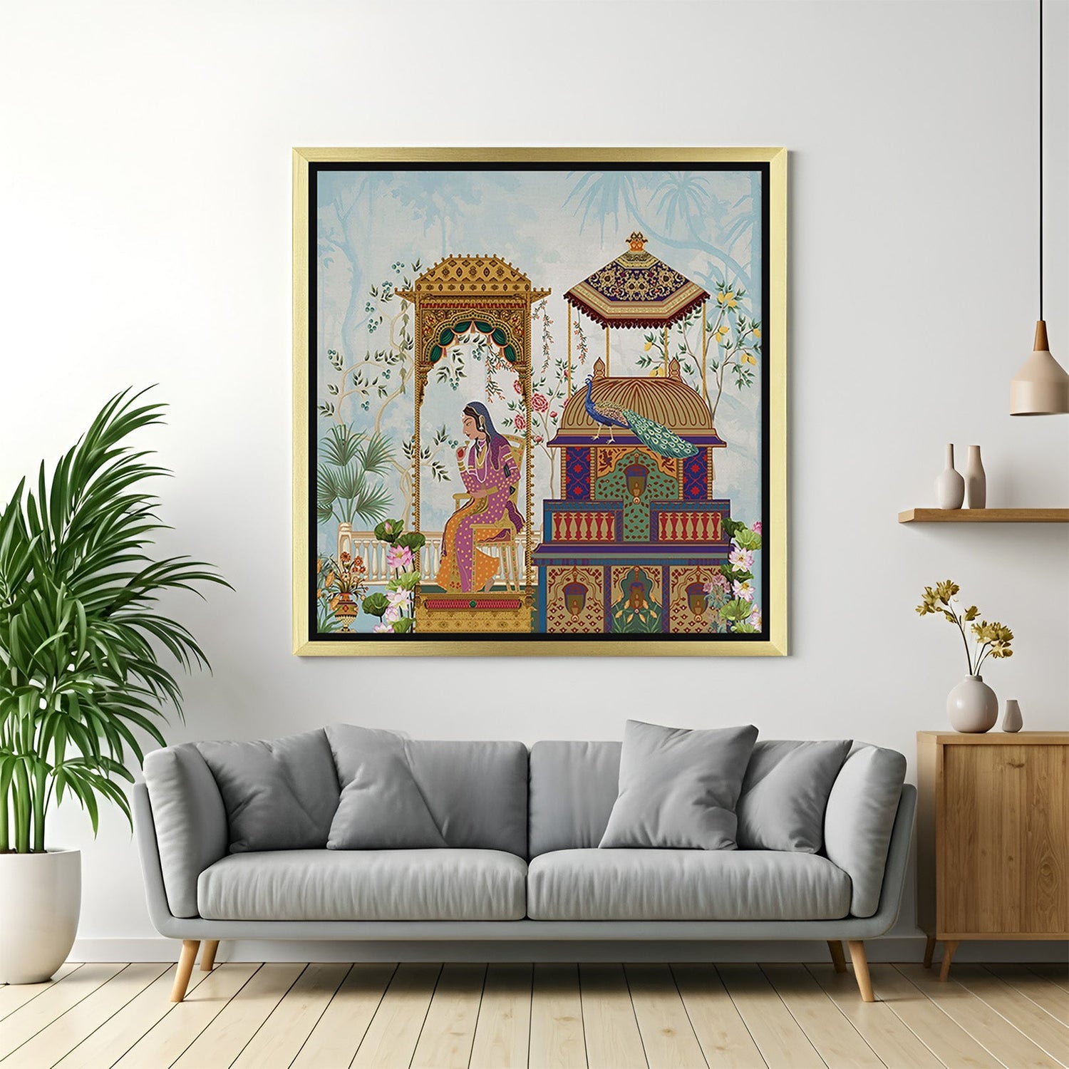 Mughal Indian traditional canvas in golden floater frame for regal home wall decoration and heritage themes