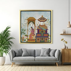 Mughal Indian traditional canvas in golden floater frame for regal home wall decoration and heritage themes