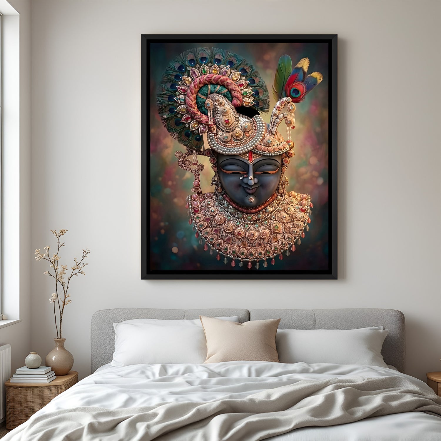 Elegant Shreenathji face artwork with sparkling jewel details in black floater frame