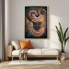 Royal Shreenathji portrait canvas painting with pearl-inspired accents in luxurious golden floater frame