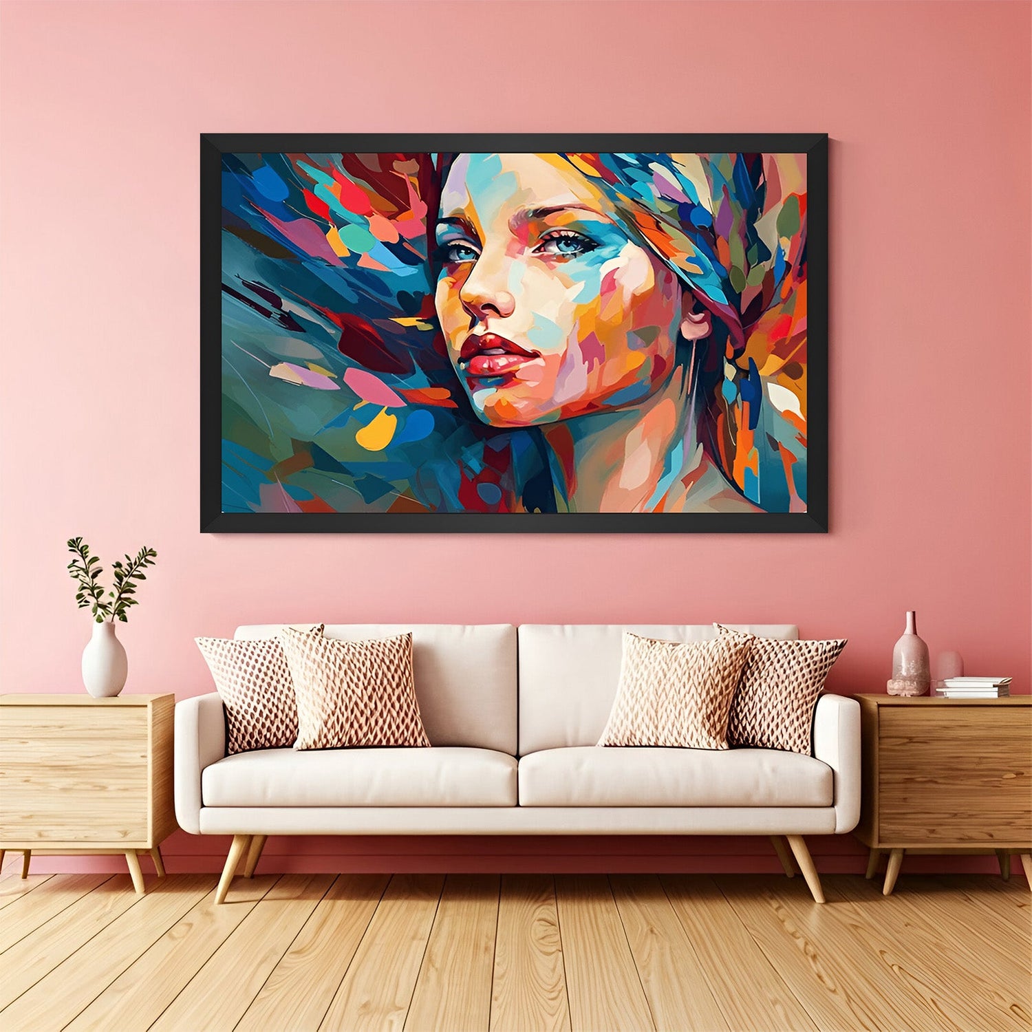 Colorful female face abstract canvas in black floater frame – bold and artistic wall painting for contemporary living spaces and designer walls