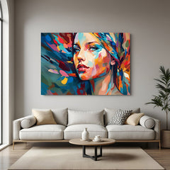 Multicolor abstract canvas painting of a female face – vibrant and expressive wall art for modern interiors, bedrooms, and creative home decor
