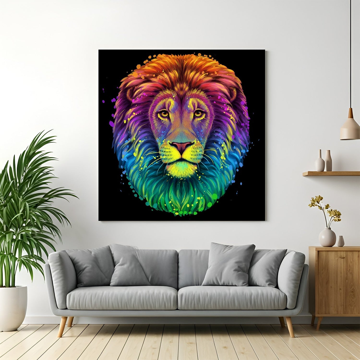 Multicolor lion head canvas wall art expressing power and style through painted textures and modern aesthetic