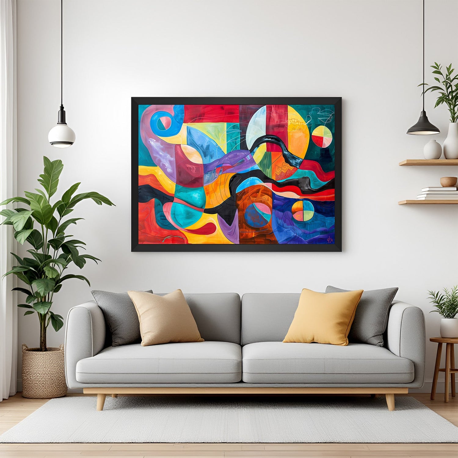 Black frame multicolor abstract wall art – expressive vibrant canvas with colorful painted strokes for modern decor