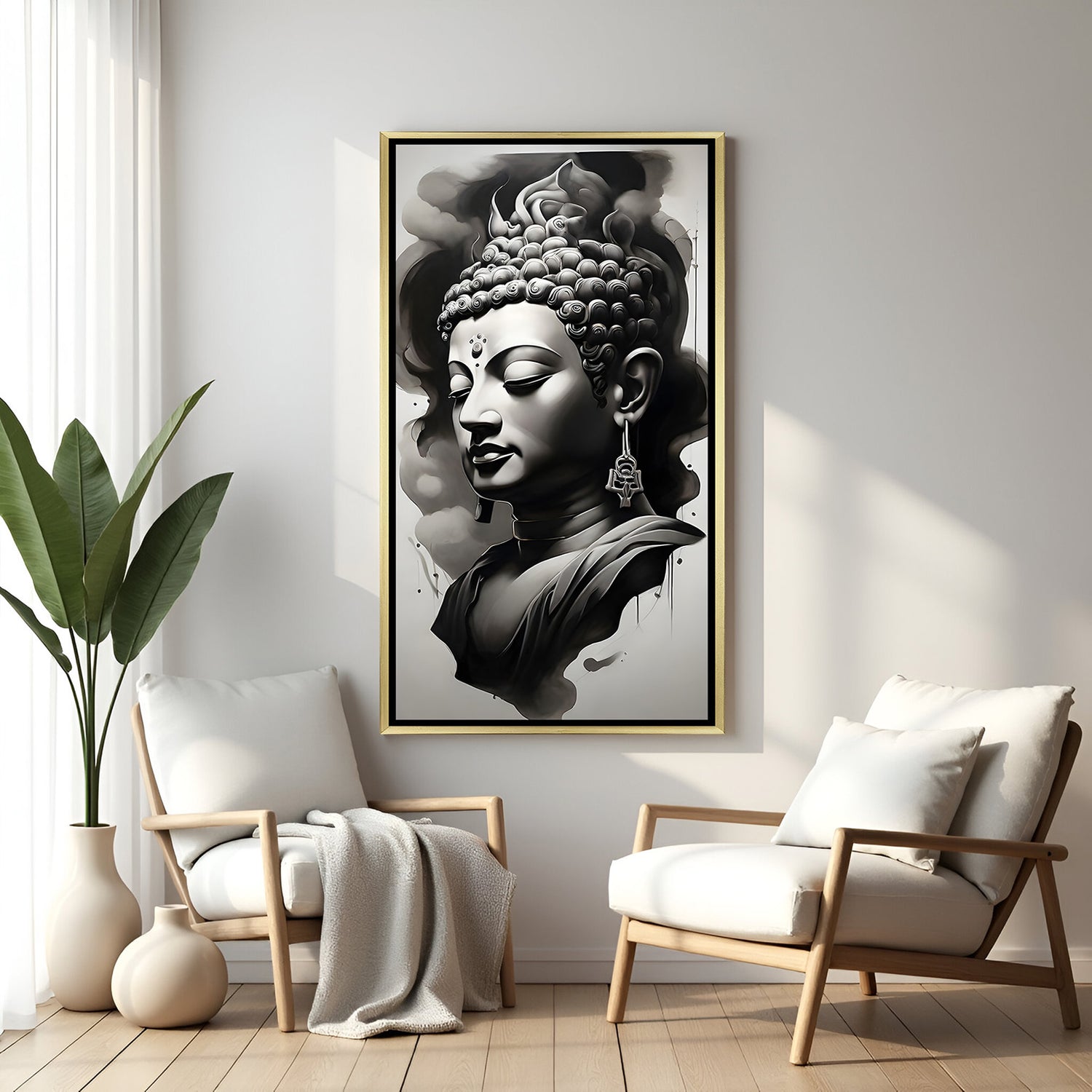 Mystic Buddha Face wall art in luxury golden floater frame with dark smoke design
