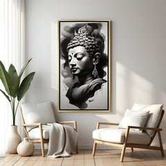 Mystic Buddha Face wall art in luxury golden floater frame with dark smoke design