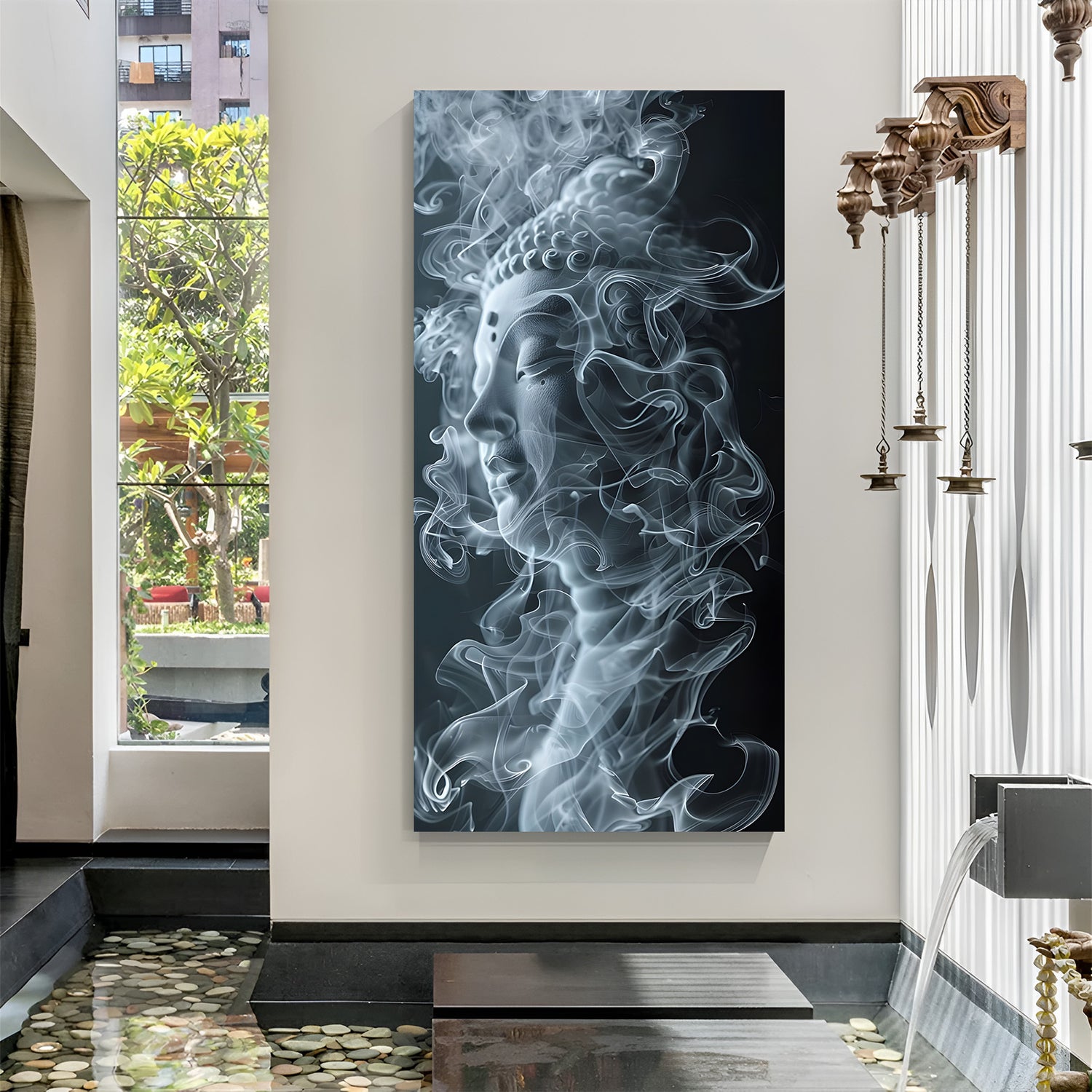 Mystic Buddha meditation canvas painting with spiritual smoke artwork in canvas wrapped frame