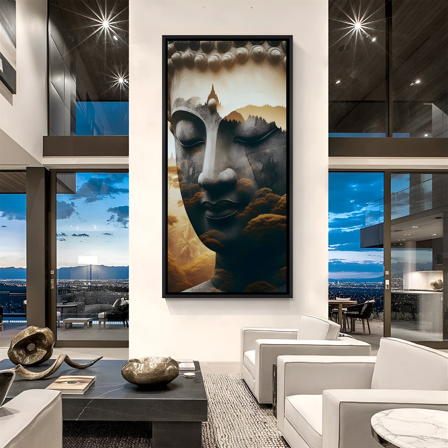 Modern Buddha and nature fusion wall decor in black frame with warm earthy tones.