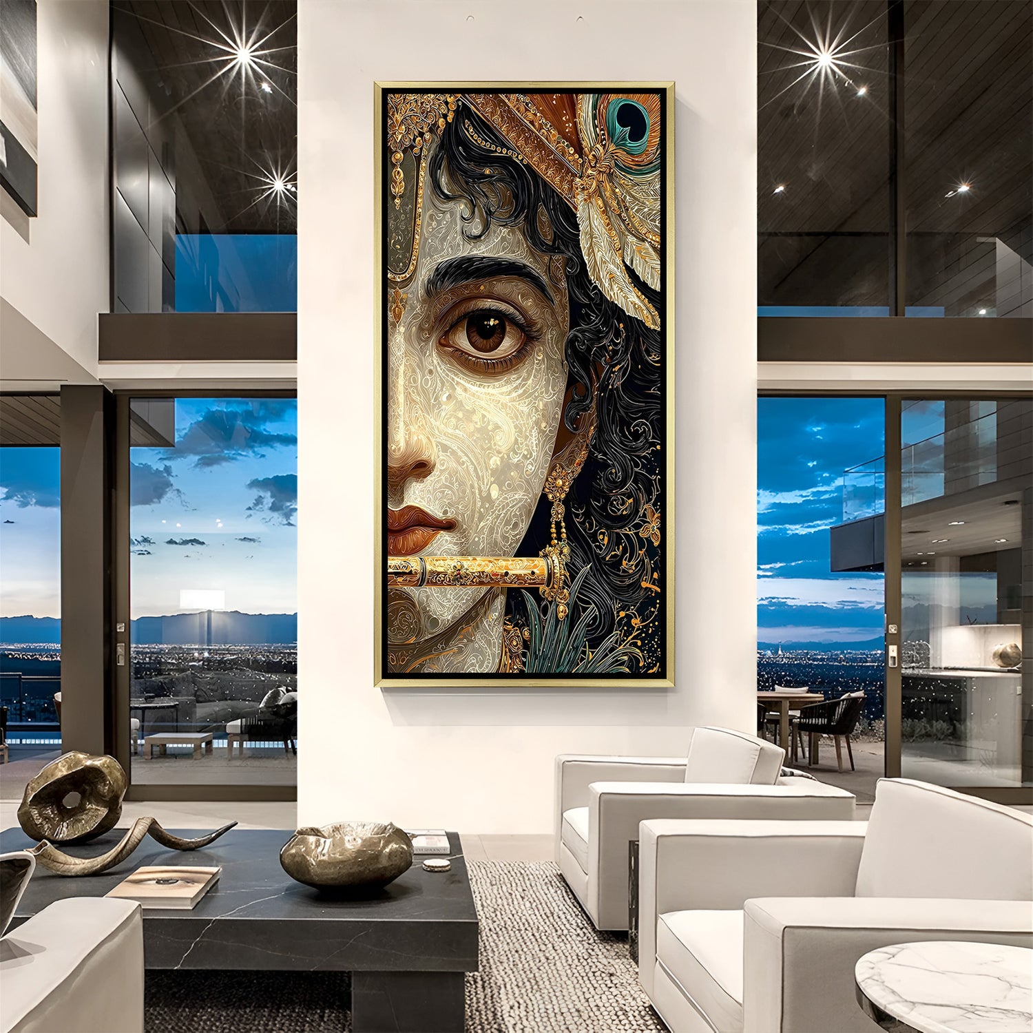 Lord Krishna half face flute artwork in luxurious golden floater frame with divine aesthetic glow