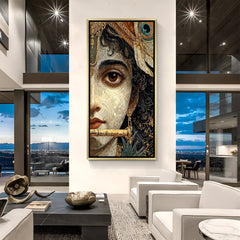 Lord Krishna half face flute artwork in luxurious golden floater frame with divine aesthetic glow