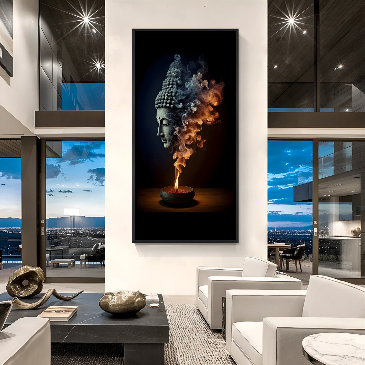 Mystic Smoke Buddha Face spiritual canvas artwork in premium black floater frame