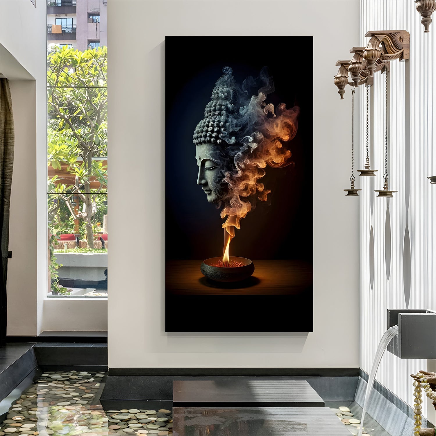 Mystic Smoke Buddha Face canvas painting with spiritual smoke artwork in canvas wrapped frame