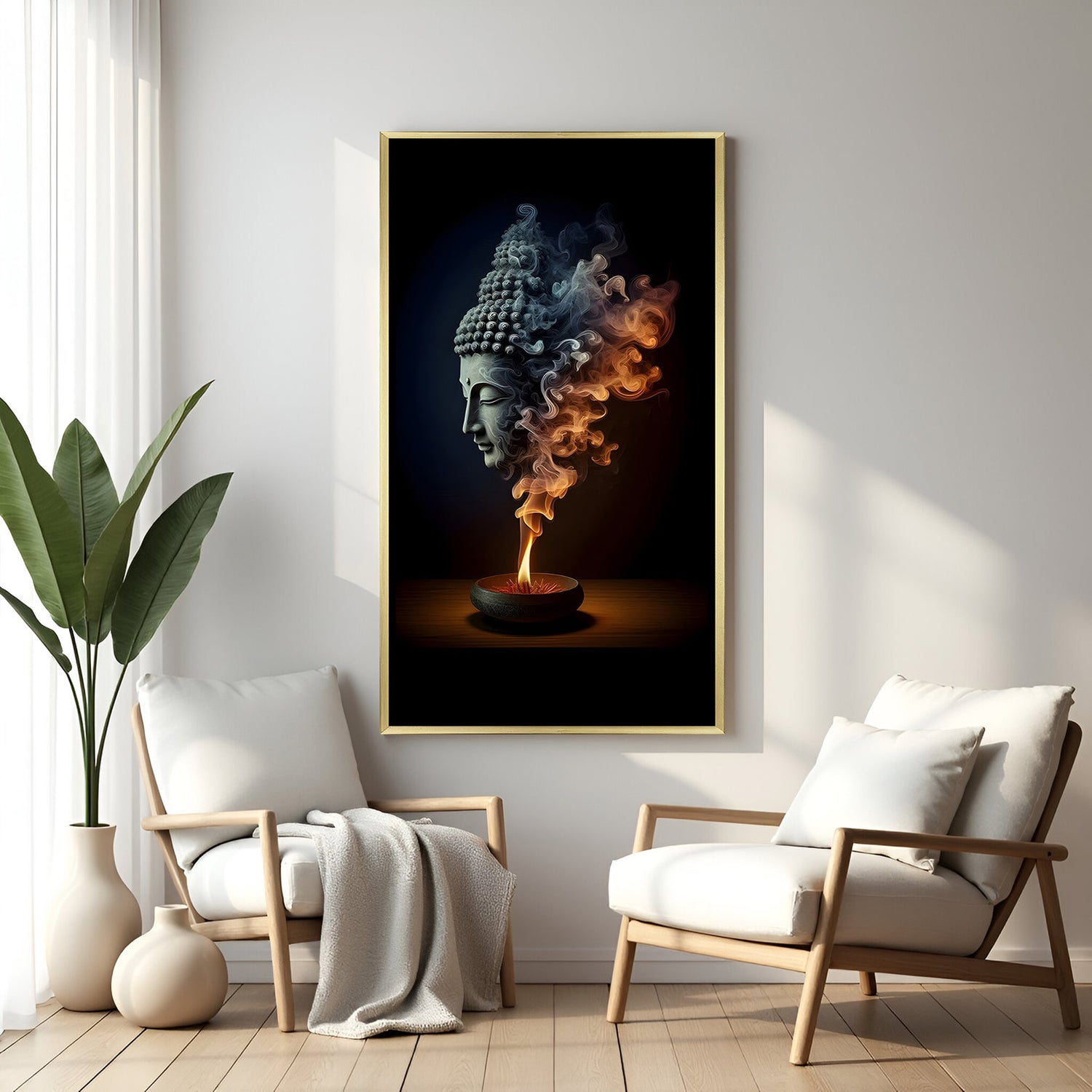Mystic Smoke Buddha Face wall art in luxury golden floater frame with incense smoke design