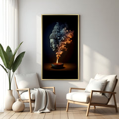 Mystic Smoke Buddha Face wall art in luxury golden floater frame with incense smoke design