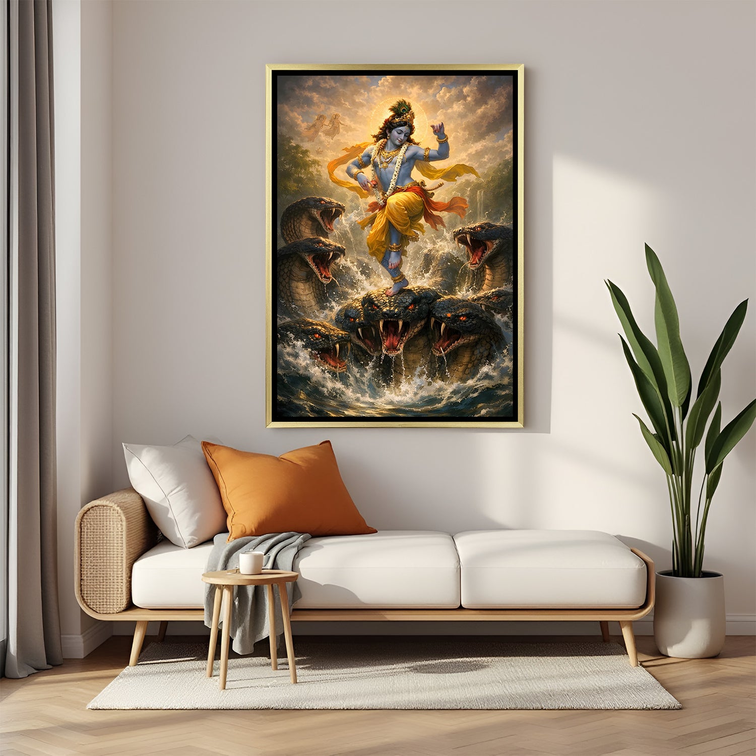 Lord Krishna Kaliya Mardan mythological canvas painting in luxurious golden floater frame
