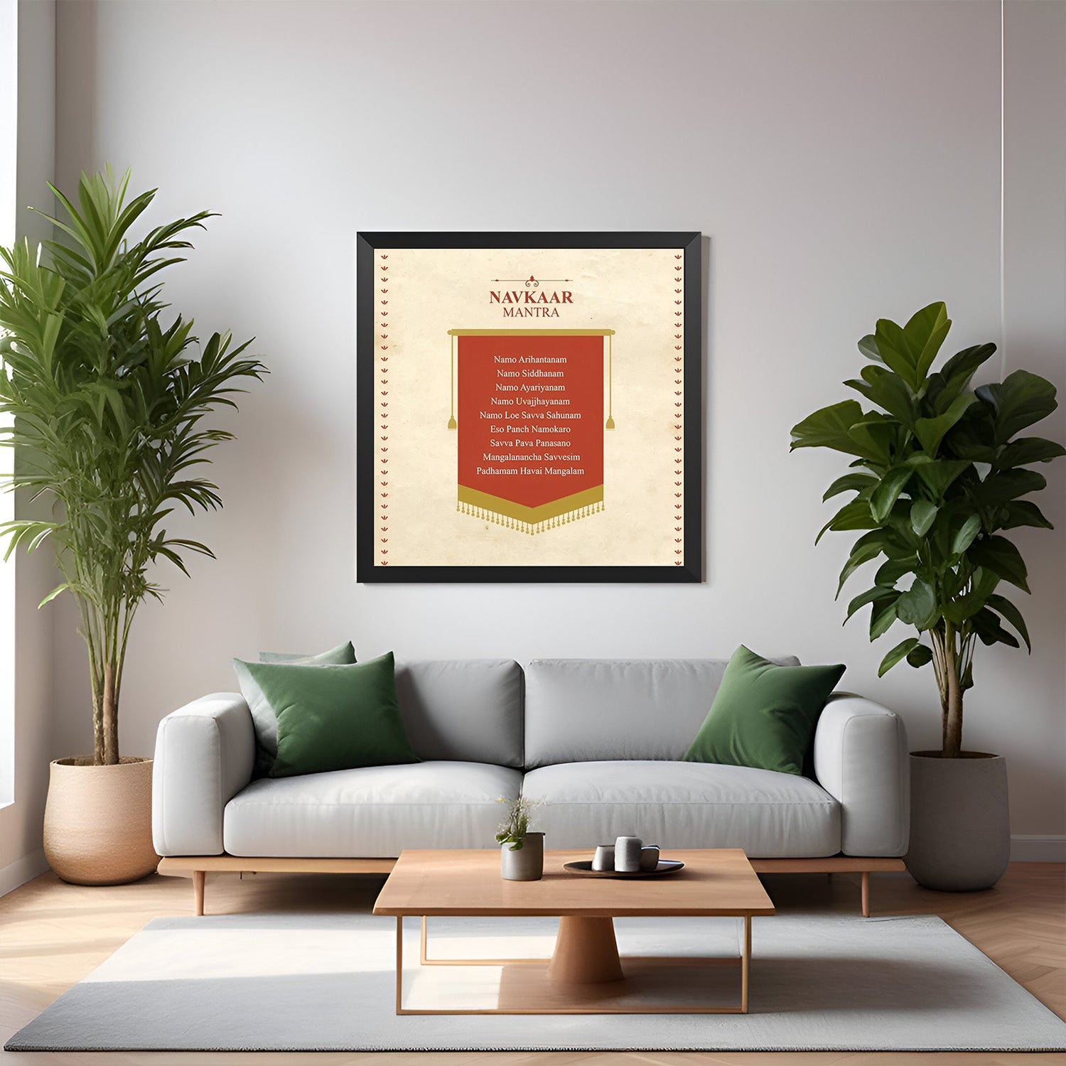 Black frame Namokar Mantra canvas painting – peaceful spiritual Vastu wall art for home and office interiors