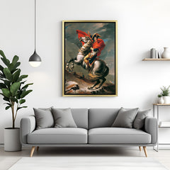 Golden-framed ancient-style artwork of Napoleon riding through the Alps—canvas printed wall art for classic and regal interiors