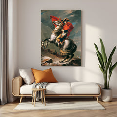 Vintage canvas art of Napoleon Crossing the Alps on horse—bold ancient-style wall art full of movement and history