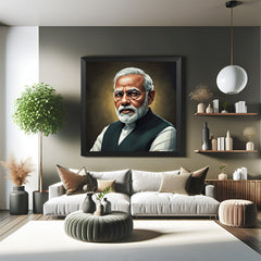 Framed digital style portrait of Narendra Modi Ji in modern artistic tones, black frame version for elegant political or home office wall decor